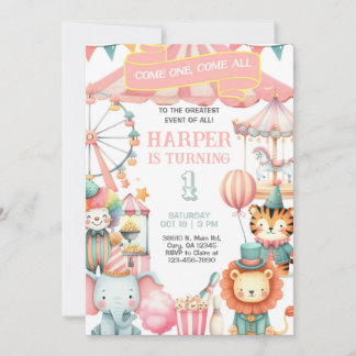 Carnival / Circus pink girl birthday invitation. Einladung