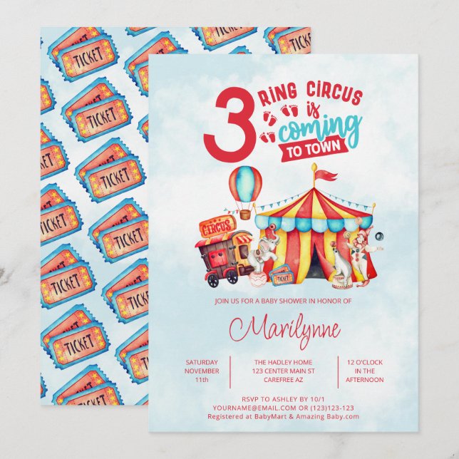 Carnival Circus Triplets Babydusche Einladung (Vorne/Hinten)