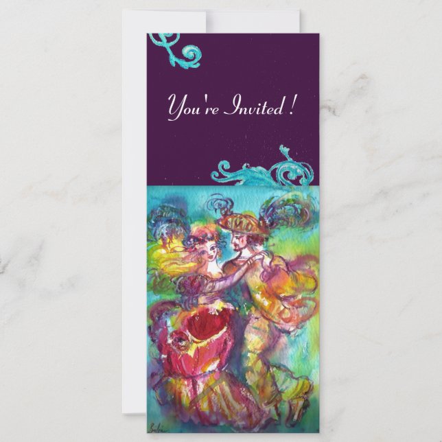 CARNIVAL DANCE , lebendige, rosa blaue Schnörkel Einladung (Vorderseite)