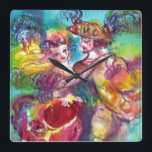 CARNIVAL DANCE Venetian Masquerade Ball Quadratische Wanduhr<br><div class="desc">Colorful , elegant and vibrant fine art invitation.Romantic carnival dancers : Artistic , whimsical, expressive dance figures, beautiful blonde woman in feathered sparkling costumes is dancing with a young Harlequin .Watercolor painting in bright pink, fuchsia, green, red, blue, yellow colors , gold sparkles inspired from Comedy of Art (Commedia dell'arte...</div>