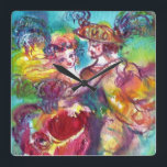 CARNIVAL DANCE Venetian Masquerade Ball Quadratische Wanduhr<br><div class="desc">Colorful , elegant and vibrant fine art invitation.Romantic carnival dancers : Artistic , whimsical, expressive dance figures, beautiful blonde woman in feathered sparkling costumes is dancing with a young Harlequin .Watercolor painting in bright pink, fuchsia, green, red, blue, yellow colors , gold sparkles inspired from Comedy of Art (Commedia dell'arte...</div>