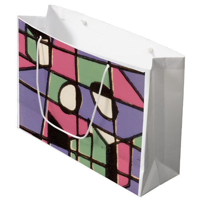 Carolers Stainglass Große Geschenktüte (Vorderseite Schrägansicht)