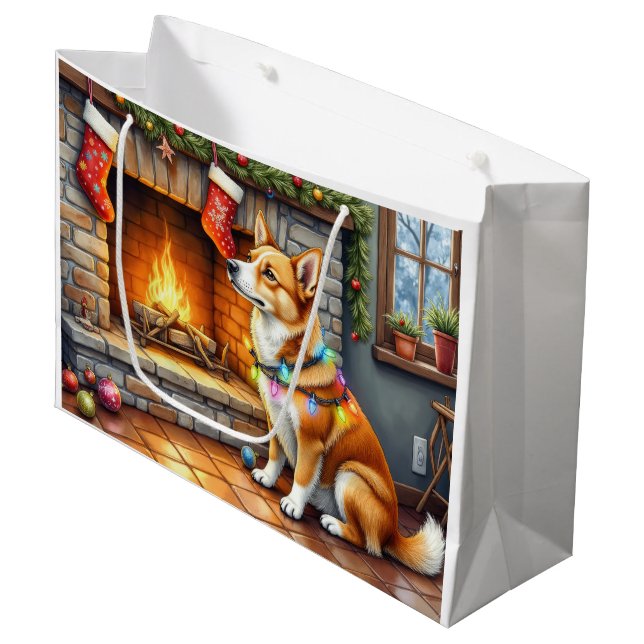 Carolina Dog Fireplace with Christmas Lights Große Geschenktüte (Vorderseite Schrägansicht)