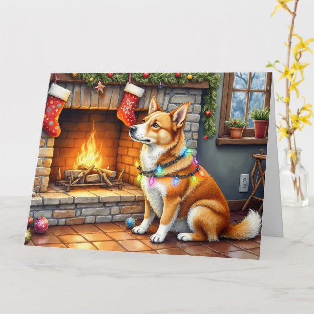 Carolina Dog Fireplace with Christmas Lights Karte (Gelbe Blume)