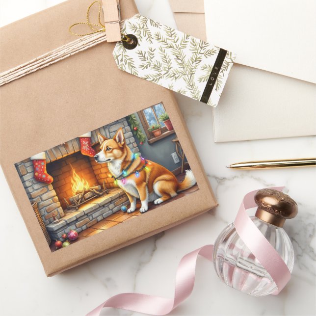 Carolina Dog Fireplace with Christmas Lights Rechteckiger Aufkleber (Schenken)