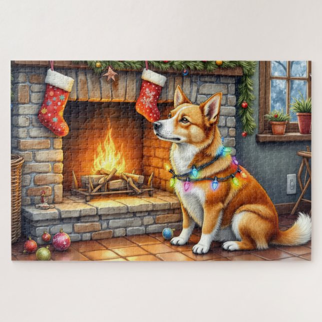 Carolina Dog Kamin mit Weihnachtslichtern (Horizontal)
