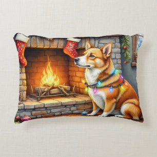Carolina Dog Kamin mit Weihnachtslichtern Dekokissen