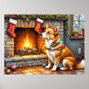 Carolina Dog Kamin mit Weihnachtslichtern Poster