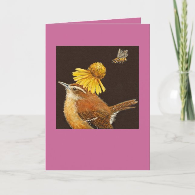 Carolina-Wren-Karte mit Biene und Blume Karte (Vorderseite)