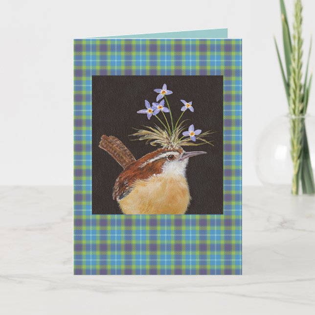 Carolina wren mit Blumenzwiebeln auf karierter Kar Karte (Vorderseite)