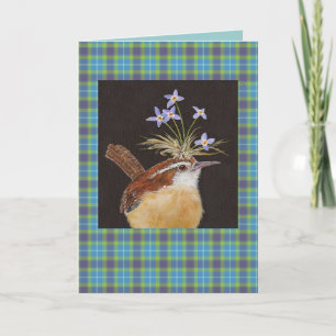 Carolina wren mit Blumenzwiebeln auf karierter Kar Karte