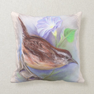 Carolina Wren mit den Blume der Morning Glory Kissen