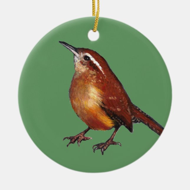 Carolina-Zaunkönig im Öl-Pastell: Vogel, Keramikornament (Vorne)