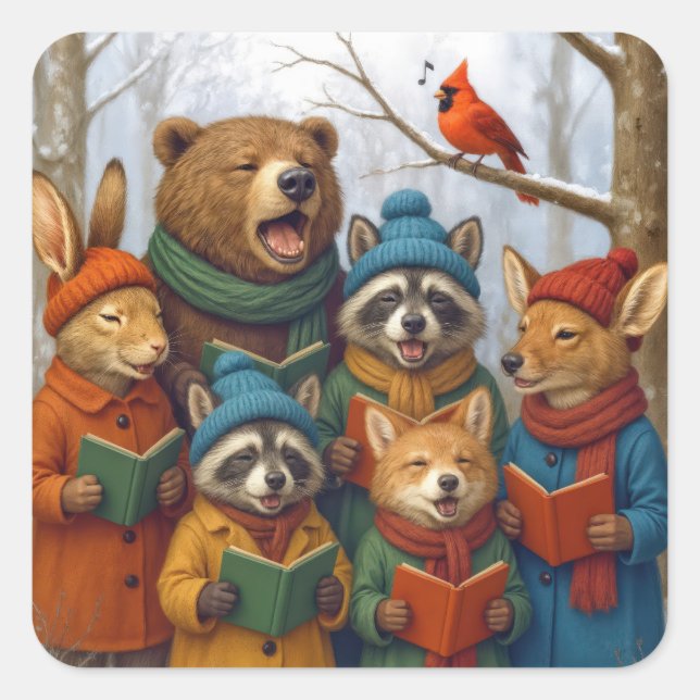 Caroling Christmas Forest Animals  Quadratischer Aufkleber (Vorderseite)