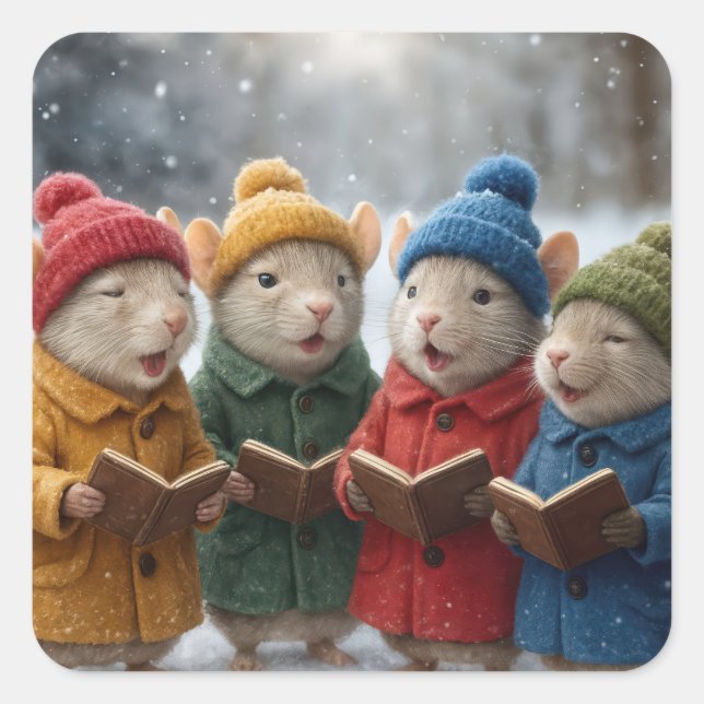 Caroling Christmas Mice In Snow Quadratischer Aufkleber (Vorderseite)