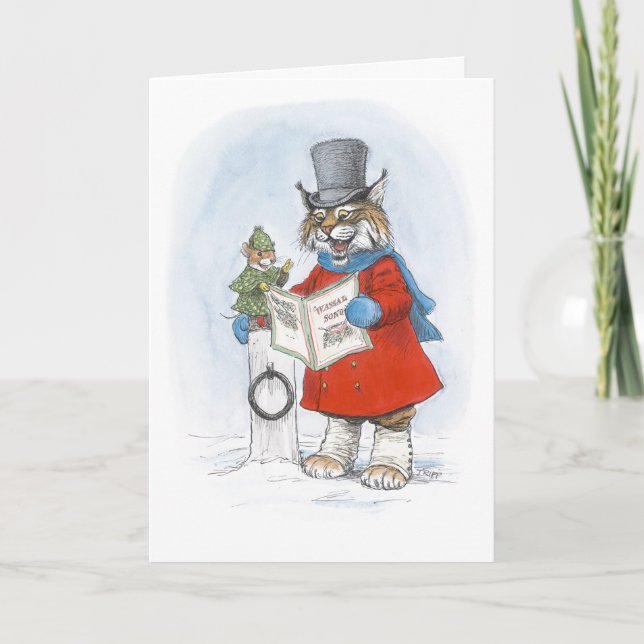 Caroling Lynx and Mouse Christmas Card Karte (Vorderseite)