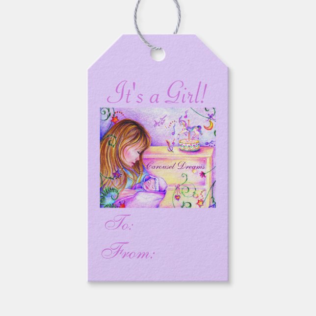 Carousel Dreams Es ist ein Mädchen! Lila Geschenkm Geschenkanhänger (Vorderseite)