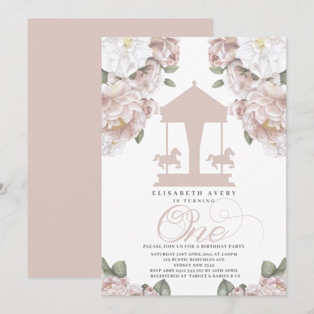 Carousel floral Soft Pink Erster Geburtstag Einladung (Vorne/Hinten)