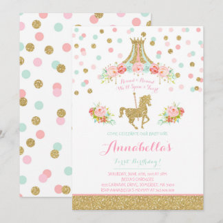 Carousel Geburtstag Einladung Floral Pink Minze Go