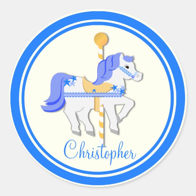 Carousel Horse Blue Gold Stars Runder Aufkleber (Vorderseite)