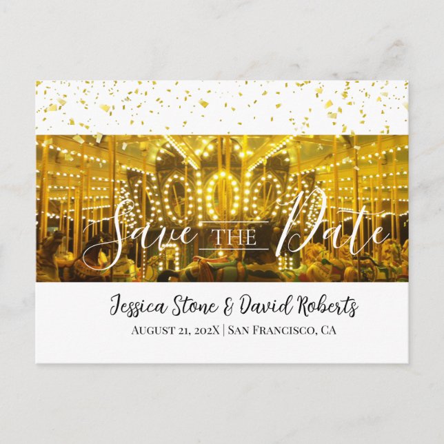 Carousel Merry-Go-Round Gold Confetti Wedding Ankündigungspostkarte (Vorderseite)