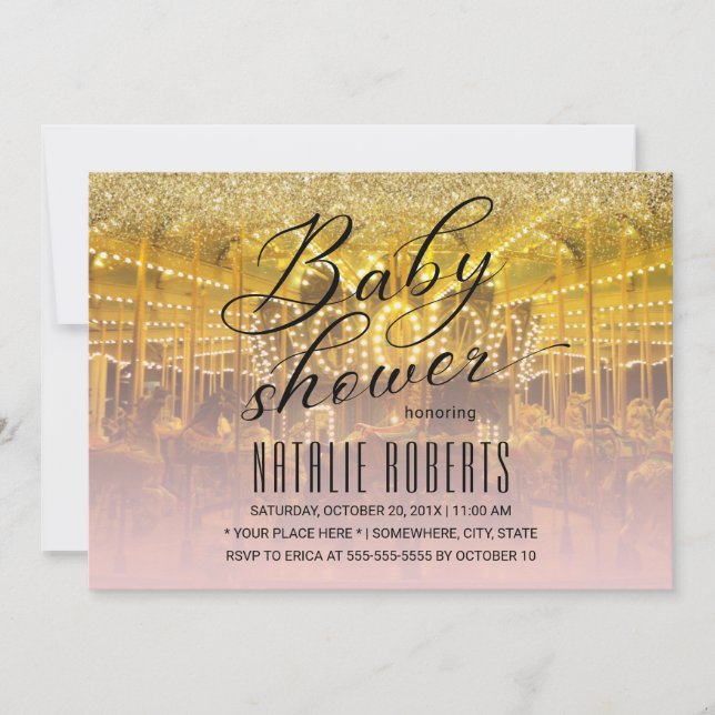 Carousel Modern Gold & Pink Typografy Baby Shower Einladung (Vorderseite)