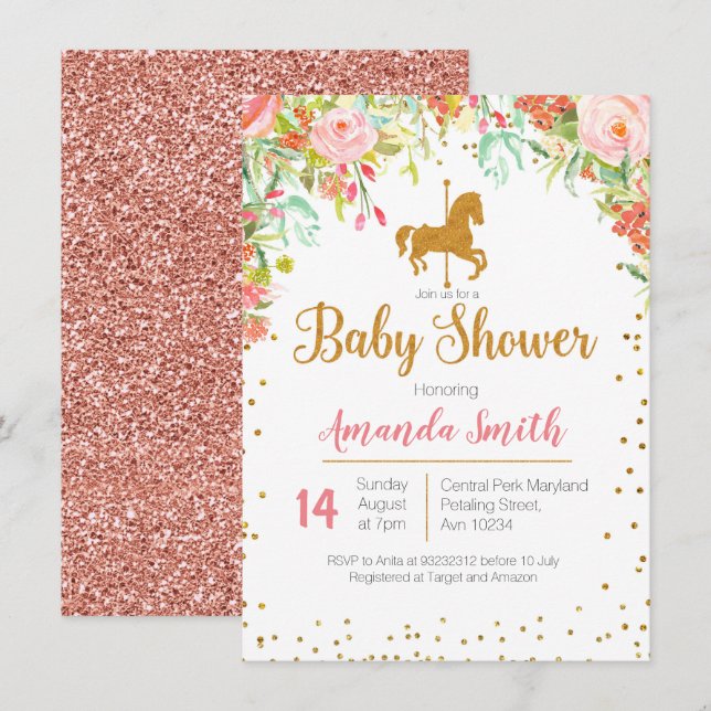 Carousel Rose Gold Baby Dusche Einladung (Vorne/Hinten)