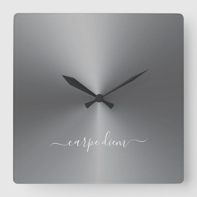 Carpe Diem Dark Gray Metallic Style Acrylic Quadratische Wanduhr (Vorderseite)