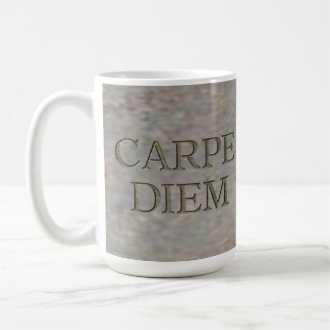 Carpe Diem Stone weiße Tasse (Links)