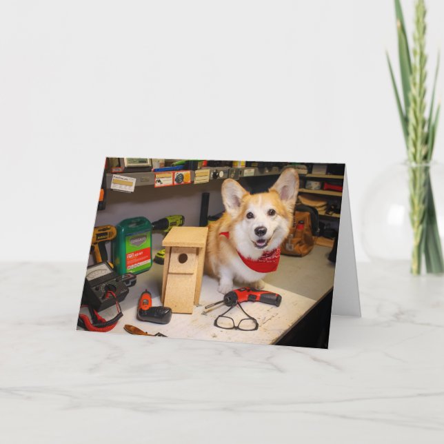 Carpenter Corgi Birdhouse birthday greeting Karte (Vorderseite)