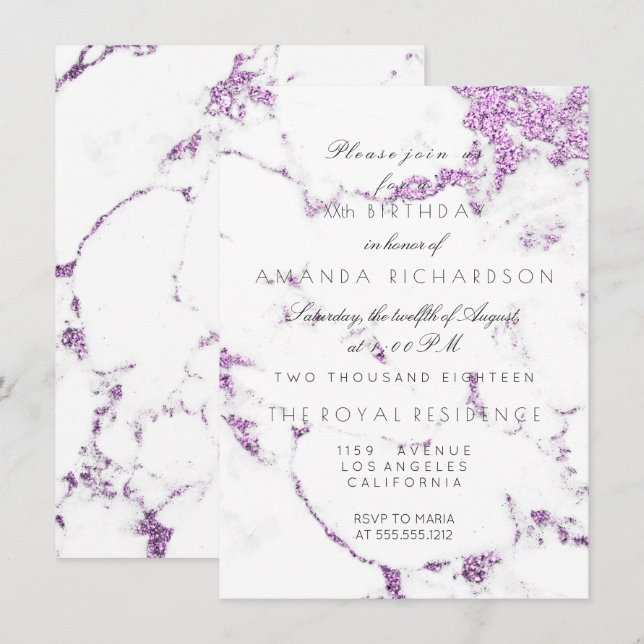 Carrara White Marble Lila Lavend Glitzer Elegant Einladung (Vorne/Hinten)