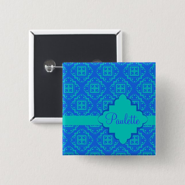 Carré 5 Cm Arabesque Marocain bleu Turquoise Nom Badge (Devant & derrière)
