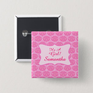 Carré 5 Cm Pink Damask Baby Girl Nom personnalisé Badge