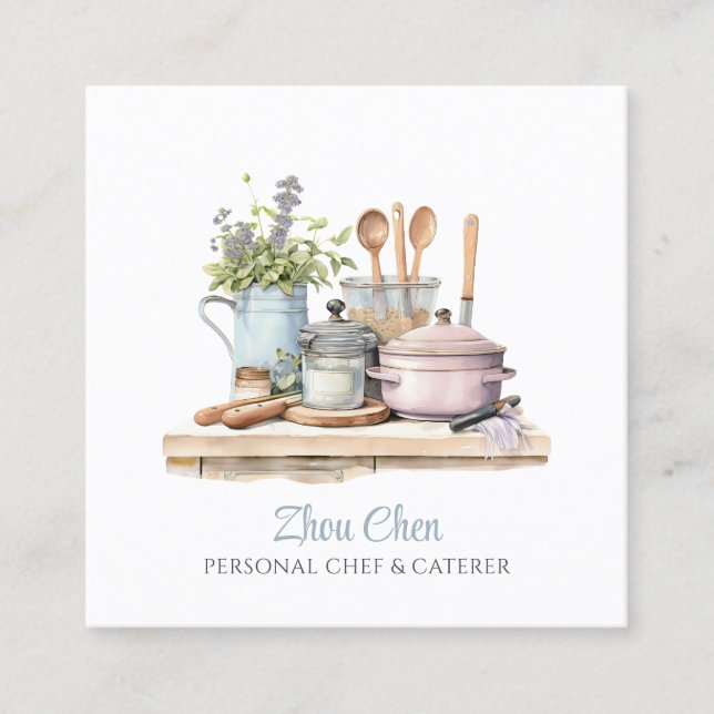 Carré Aquarelle Chef traiteur Cuisinier Carte de visite  (Devant)