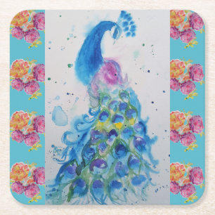 Carré Aquarelle Peacock Blue Bird Aqua Dessous de verre 