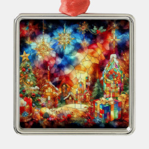 Carré Argenté Aquarelle de Noël Ornement en verre tendu