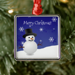 Carré Argenté Bleu Snowman scène d'hiver Ornement en céramique