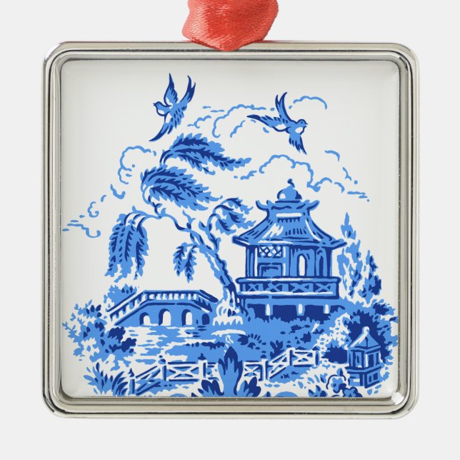 Carré Argenté Blue Willow Chine Bleu & Blanc Ornement (Devant)