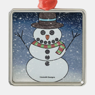 Carré Argenté Bonhomme de neige avec fond - Ornement Premium