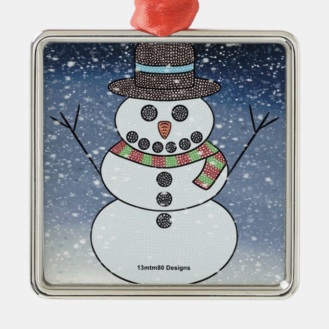 Carré Argenté Bonhomme de neige avec fond - Ornement Premium (Devant)