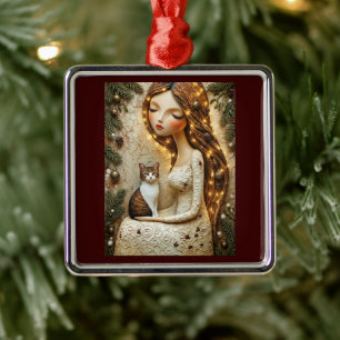 Carré Argenté Chat de Noël fantaisiste Ornement de la Demoiselle