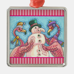 Carré Argenté Flamant rose ROSE SNOWMAN, NOËL ORNEMENT DE VACANC