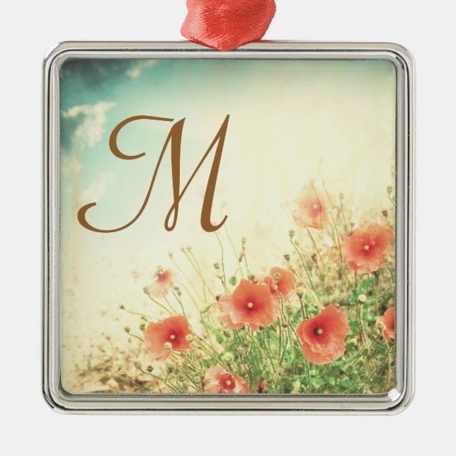 Carré Argenté Fleurs sauvages roses Monogramme Ornement initial (Devant)