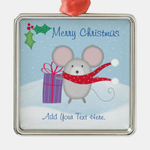 Carré Argenté Joyeux Noël Souris Ornement en céramique