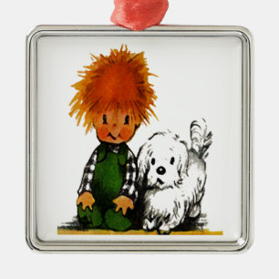 Carré Argenté Little Boy courageux et son ornement de chien