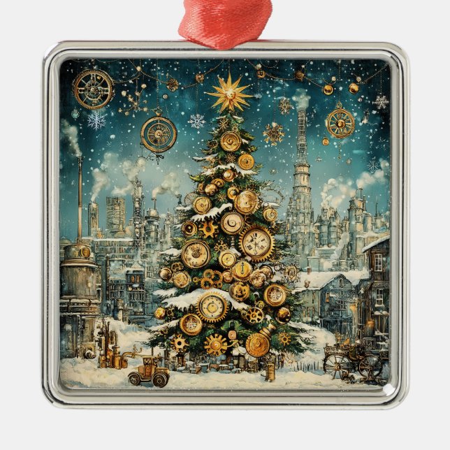 Carré Argenté Ornement d'arbre de Noël en vapeur (Devant)