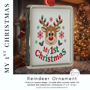 Carré Argenté Ornement de premier Noël de bébé en forme de renne