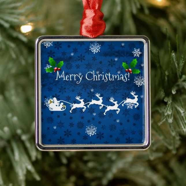 Carré Argenté Ornement en céramique bleu Père Noël (Arbre)