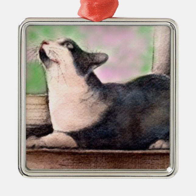 Carré Argenté Ornement noir de chat de smoking (Devant)