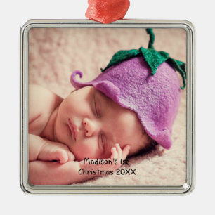 Carré Argenté Ornement photo de Noël personnalisé pour bébé